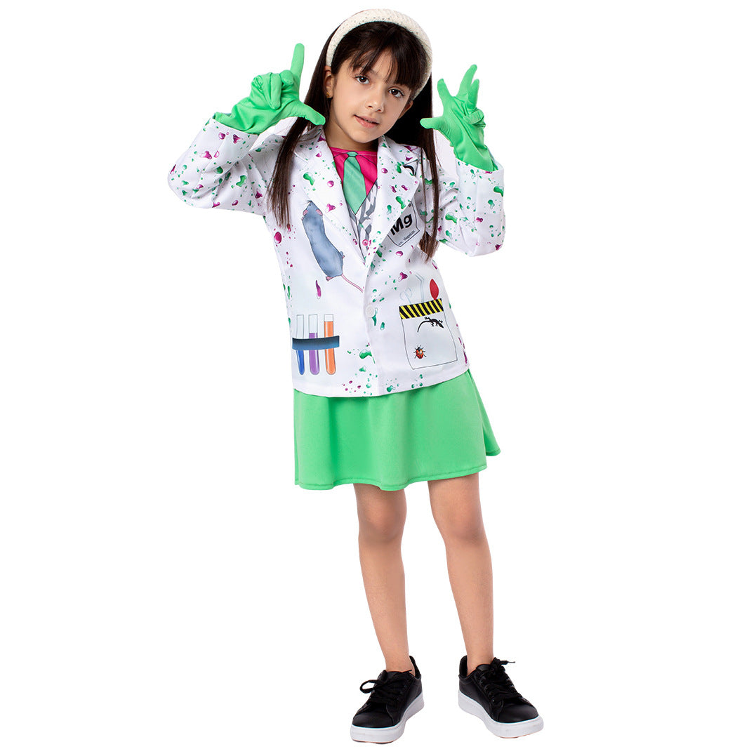 Halloween Scientists Costume Role Play Cosplay Outfit for Kids with Funny Print Stage Performance Wear
