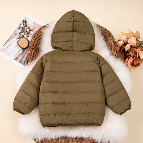Autumn Winter Kids' Jacket for Boys and Girls Coffee Color Fleece Lined Hooded Short Warm Cotton Coat