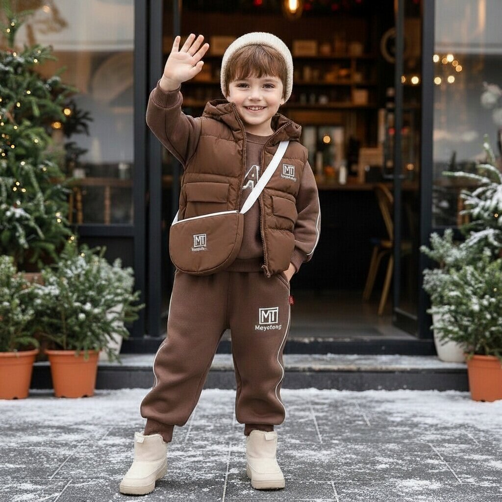 Winter clothing thickened warm vest children's hoodie three piece set