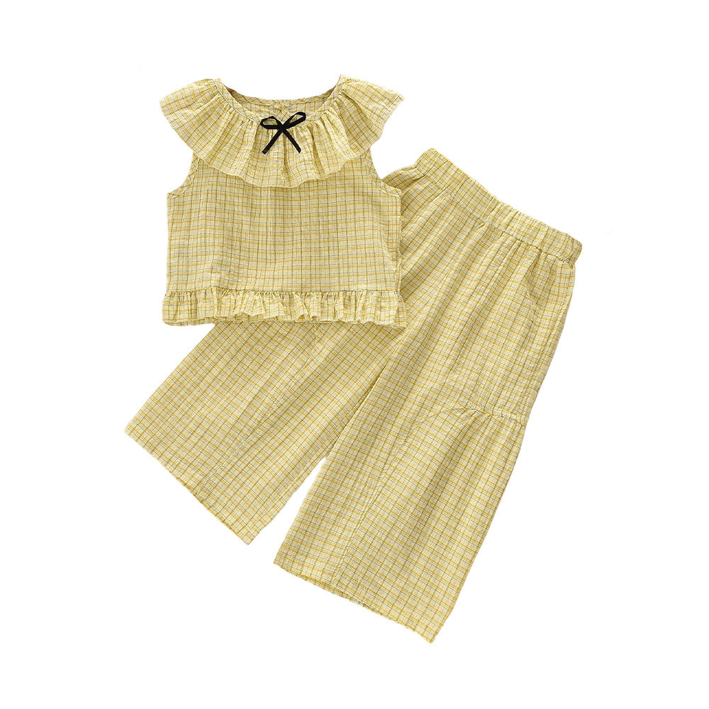 Girls' Summer Outfit with Ruffle Details, Sleeveless Top and Long Pants Two-Piece Set, Fashionable Casual Children's Clothing