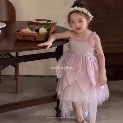 Girls'  Sleeveless Dress, Fashionable Pink Overall Dress for Kids, Spring Casual Outfit, Child's Spring Clothing