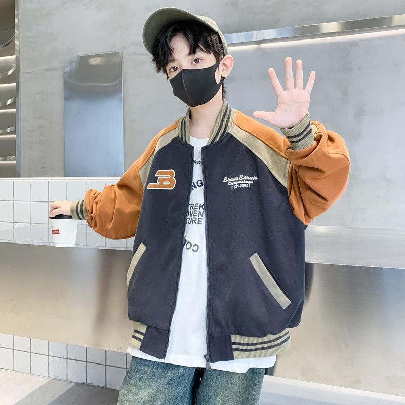 Boys Baseball Jacket Cotton Padded Warm Autumn Winter Outerwear Youth Long Sleeve Zip Front Coat