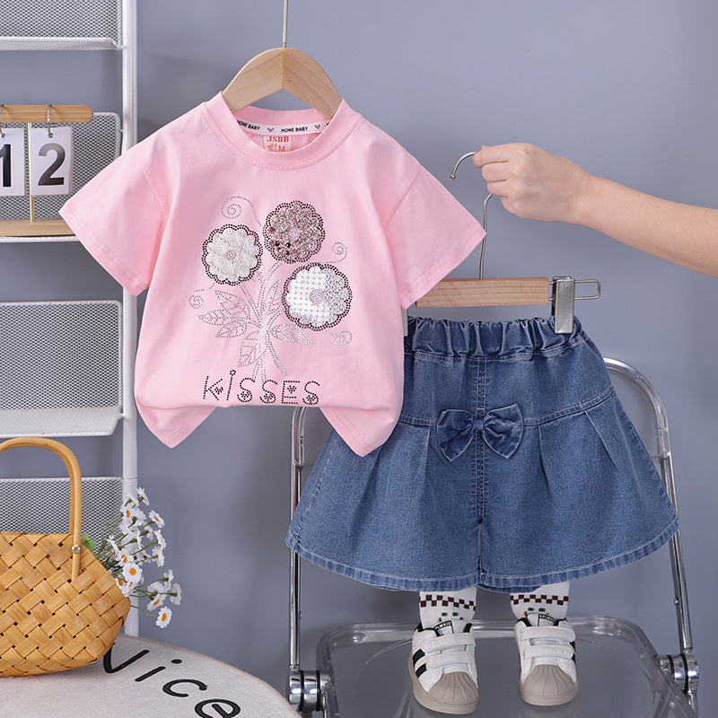 Casual short sleeved shorts two-piece set for girls' clothing