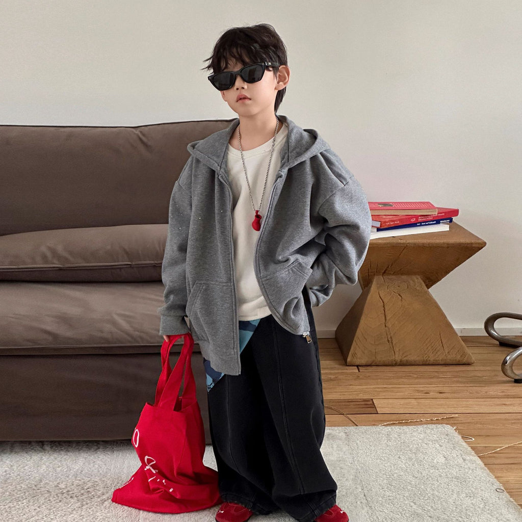 Boys' Thickened Fleece Hooded Zip-Up Jacket  Relaxed Fit Autumn Winter Kids Outerwear