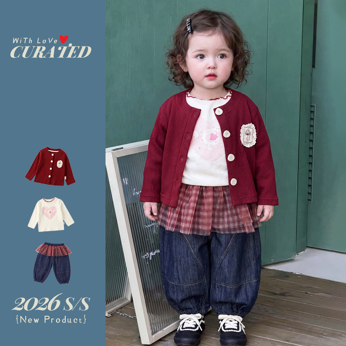 Birthday Outfit 3-Piece Set Cardigan Printed Top Tulle Jeans Pants Kids Clothing Set