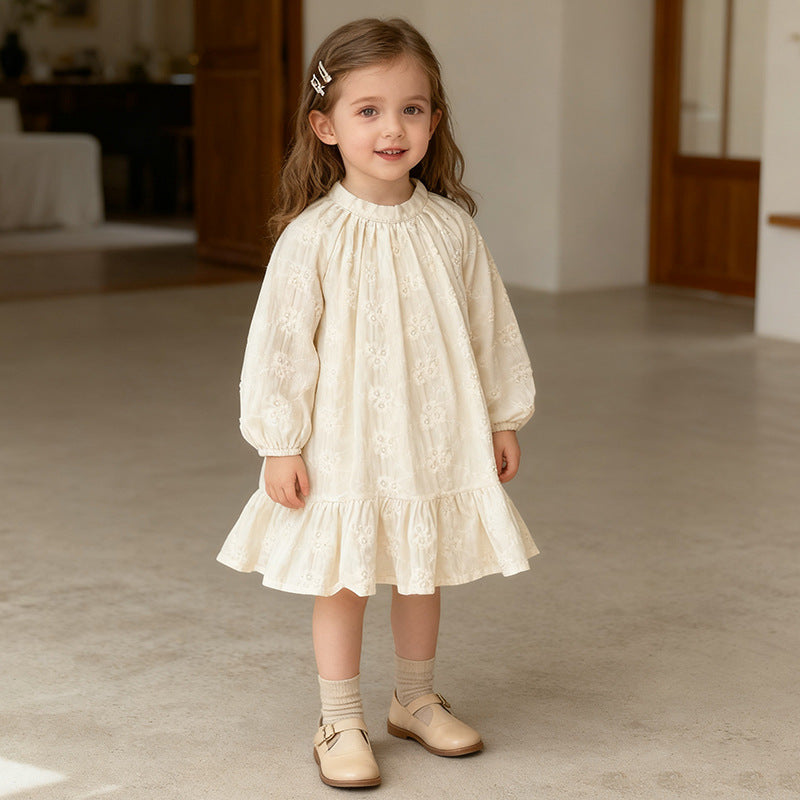 Girls' Dress Spring Autumn New Solid Color Long Sleeve Embroidered Dress Children's Princess Dress Kids Clothing
