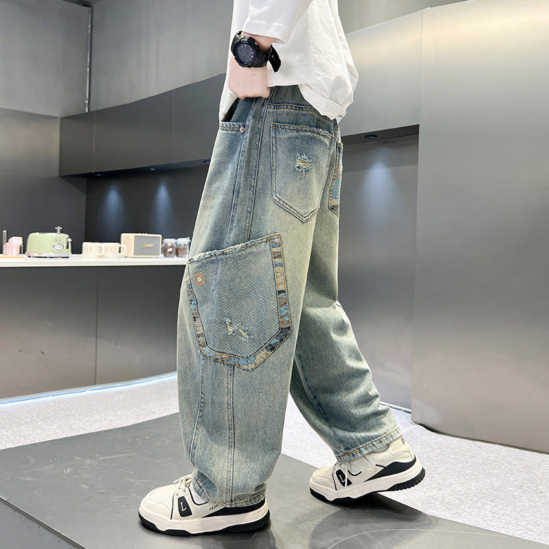 Boys' Casual Denim Jeans Style Loose Straight Leg Long Pants for Fall/Winter