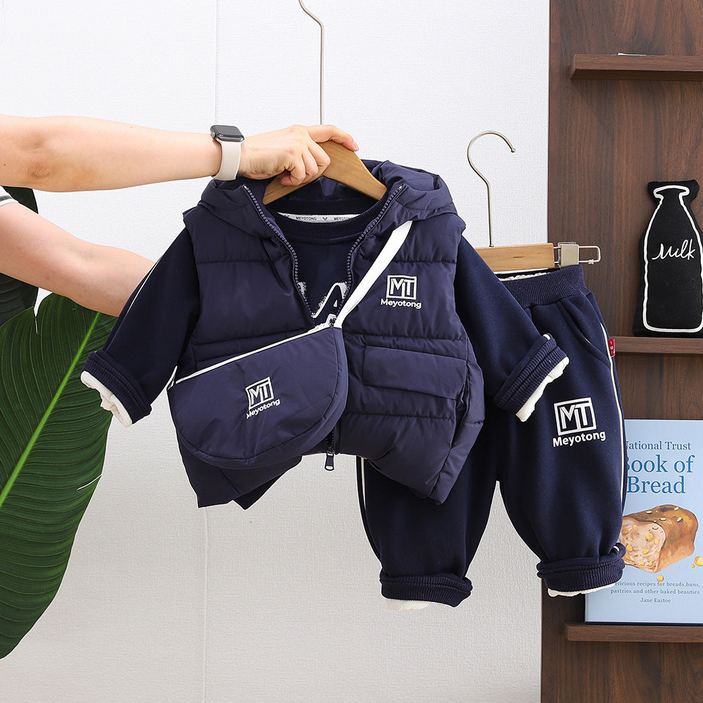 Winter clothing thickened warm vest children's hoodie three piece set