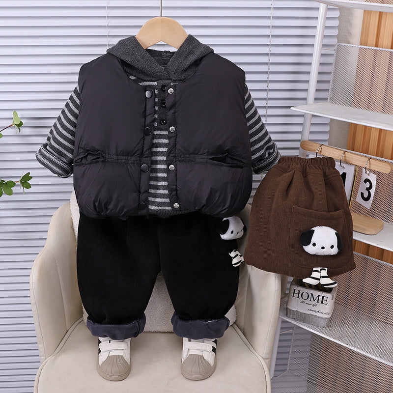 Boys Winter Fleece Lined Striped Sweater Vest 3 Piece Set