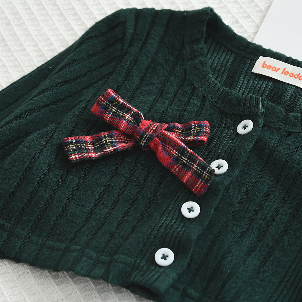 Autumn/Winter Girls' Green Long Sleeve Cardigan Top with Red Plaid Vest Dress Set Christmas Bestseller