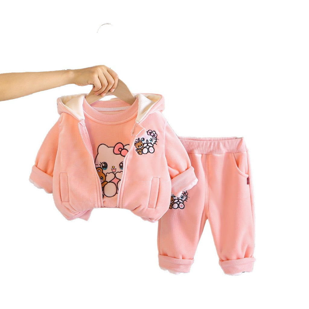 Girls Autumn Winter 3-Piece Set with Cat and Bear Print for Toddlers