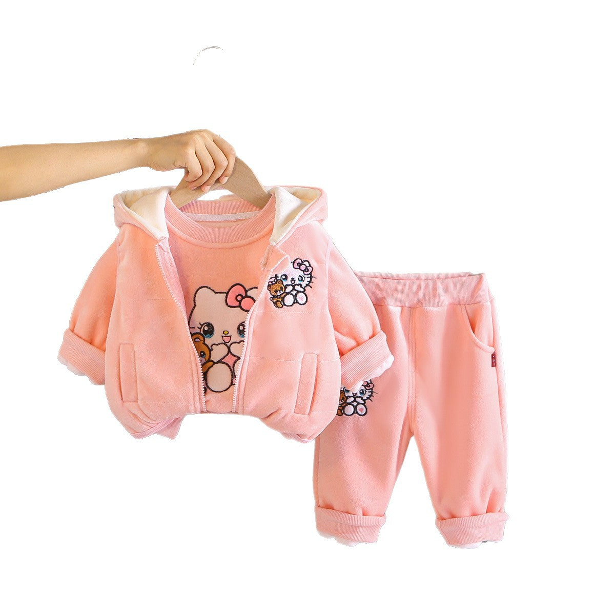 Girls Autumn Winter 3-Piece Set with Cat and Bear Print for Toddlers
