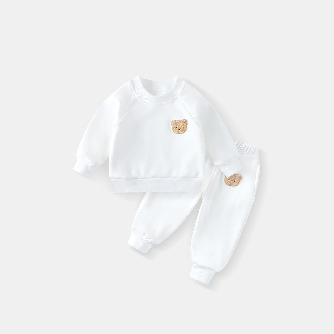 Children's Hoodie Set Autumn Winter Warm Fleece Two-Piece Outfit for Boys and Girls, Simple Comfortable Casual Sportswear