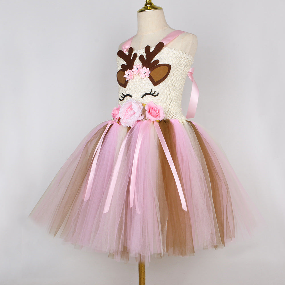 Halloween Christmas Deer Flower Dress Kids Costume Clothing Cartoon Deer Tutu Skirt Girl Tulle Princess Dress