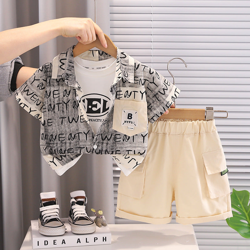 Summer clothes boys' and children's shirts short sleeved three piece set