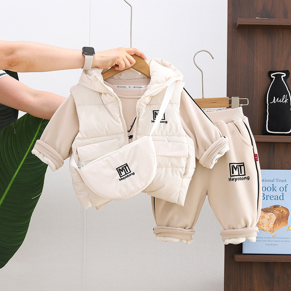 Winter clothing thickened warm vest children's hoodie three piece set