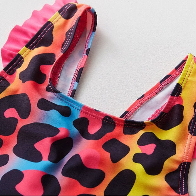 3-10 Years Kids Swimsuit Colorful Leopard Print Bow Girls One-Piece Swimwear Children's Swimsuit