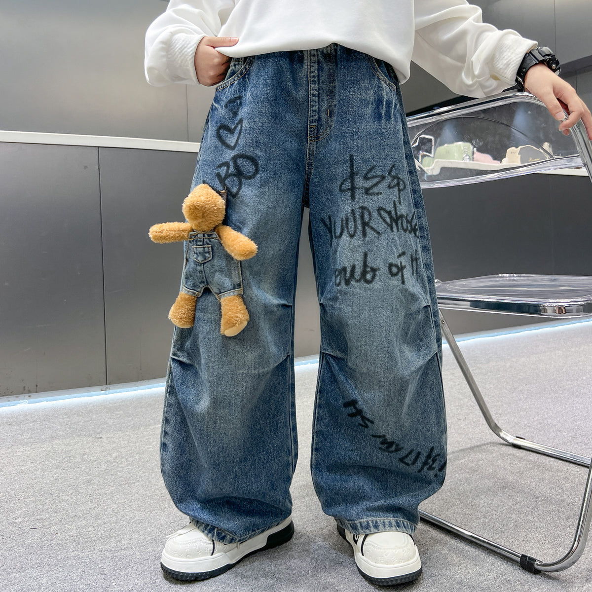Boys Cartoon Graphic Denim Jeans Autumn Winter Loose Wide Leg Pants