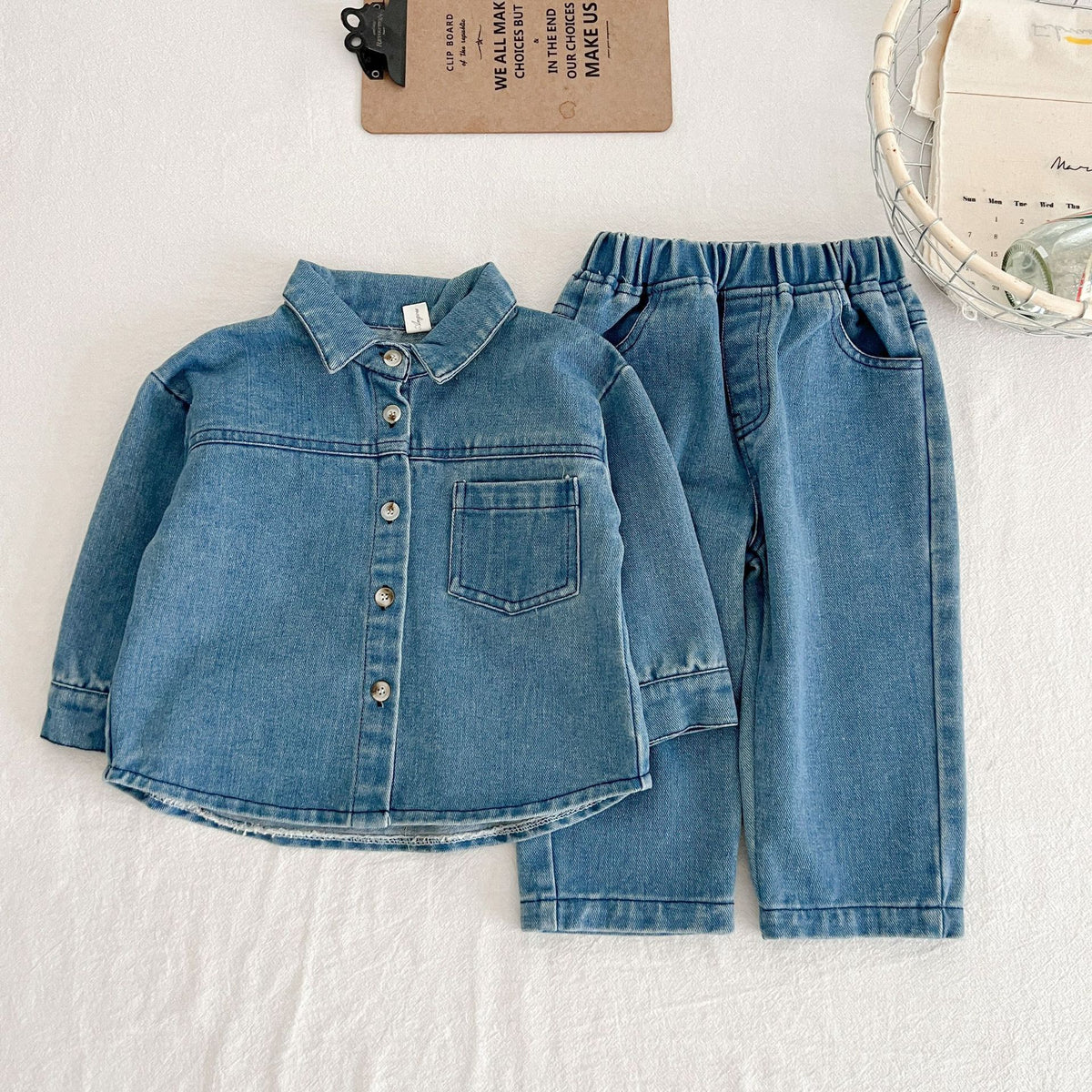 Autumn and winter set boys' and girls' solid color denim two-piece set