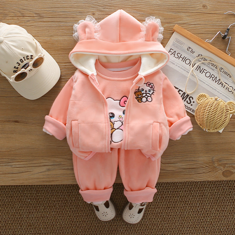 Girls Autumn Winter 3-Piece Set with Cat and Bear Print for Toddlers