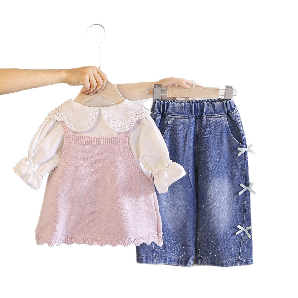 Three piece set of spring and autumn suspender sweater for girls' clothing