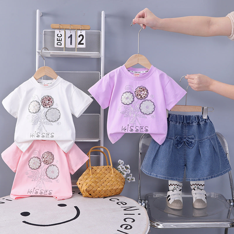 Casual short sleeved shorts two-piece set for girls' clothing