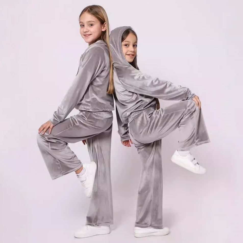 Autumn and Winter Girls' Sports Hat Velvet Set Casual Hoodie Two Piece Set