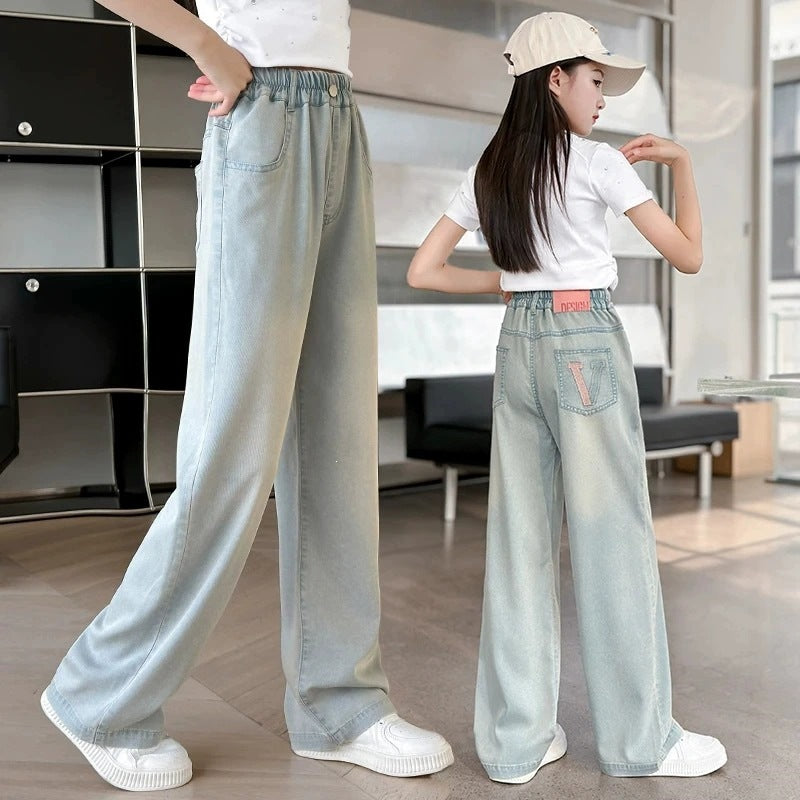 Girls' Tencel Jeans Pants, Lightweight Straight Leg Long Pants for Kids and Teens