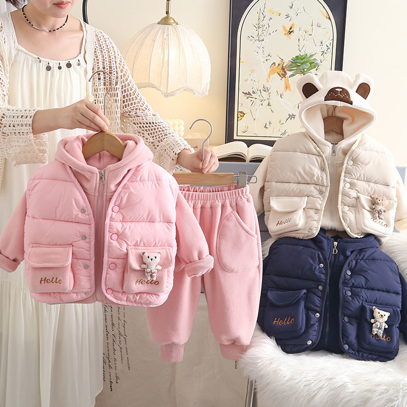 Stylish Winter Thickened Pocket Cartoon Bear Vest Three-Piece Set for Boys