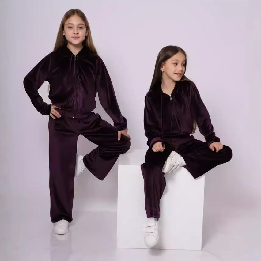 Autumn and Winter Girls' Sports Hat Velvet Set Casual Hoodie Two Piece Set
