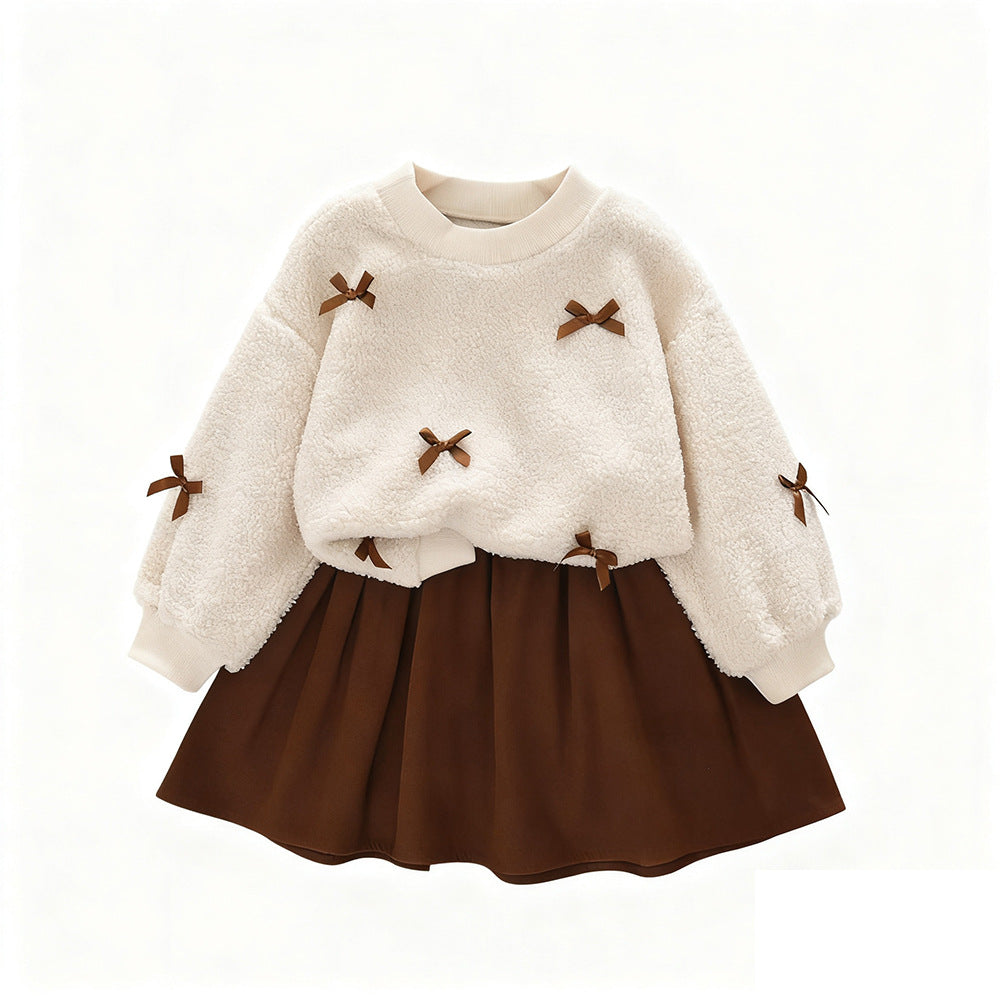 Child Girls Autumn Winter Set Dress with Bow, Beige Teddy Fleece Long Sleeve Top and Khaki Short Skirt Simple Two-Piece Set