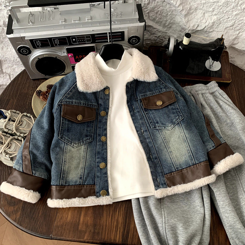 Children's Velvet Thickened Pie Overcomes Girls' Cowboy Top Winter