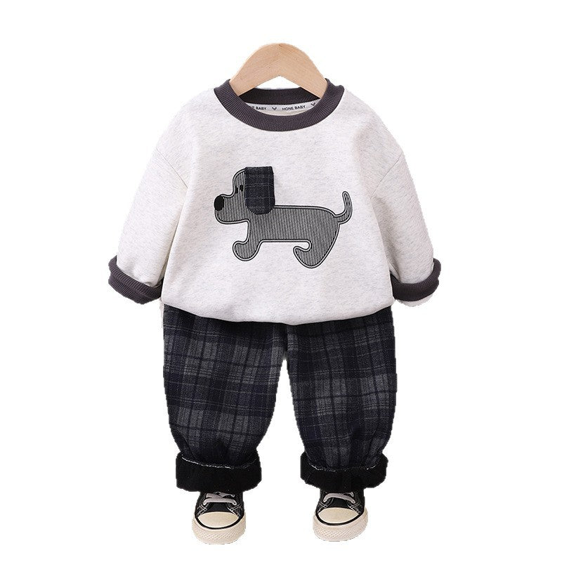 Stylish Boys Autumn Winter Fleece-Lined Dog Print Hoodie Set
