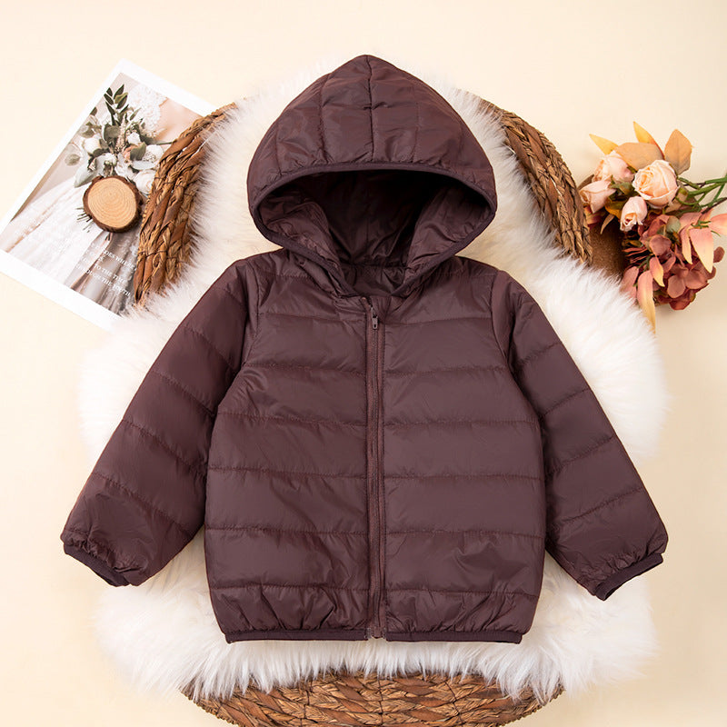 Autumn Winter Kids' Jacket for Boys and Girls Coffee Color Fleece Lined Hooded Short Warm Cotton Coat