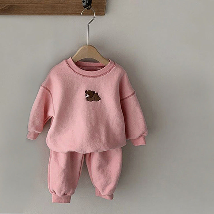 Children's Clothing Set for Boys and Girls, Embroidered Bear Casual Hoodie Set, Baby Sport Two-Piece Outfit