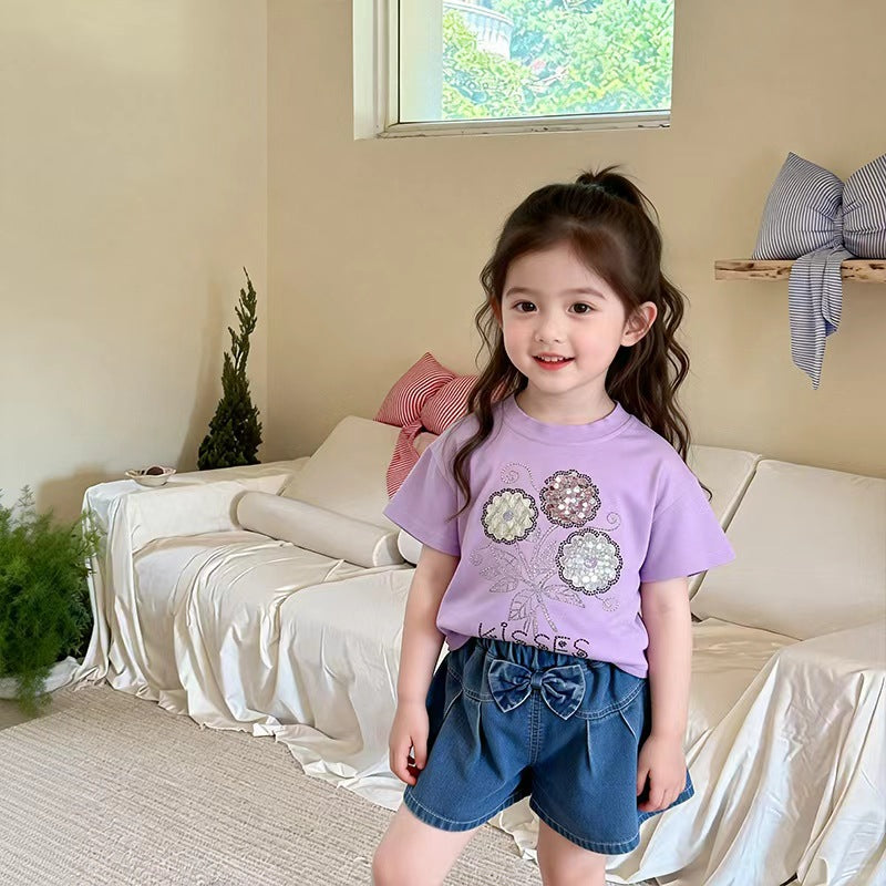Casual short sleeved shorts two-piece set for girls' clothing