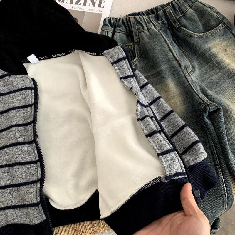Boys' autumn and winter striped hooded jacket