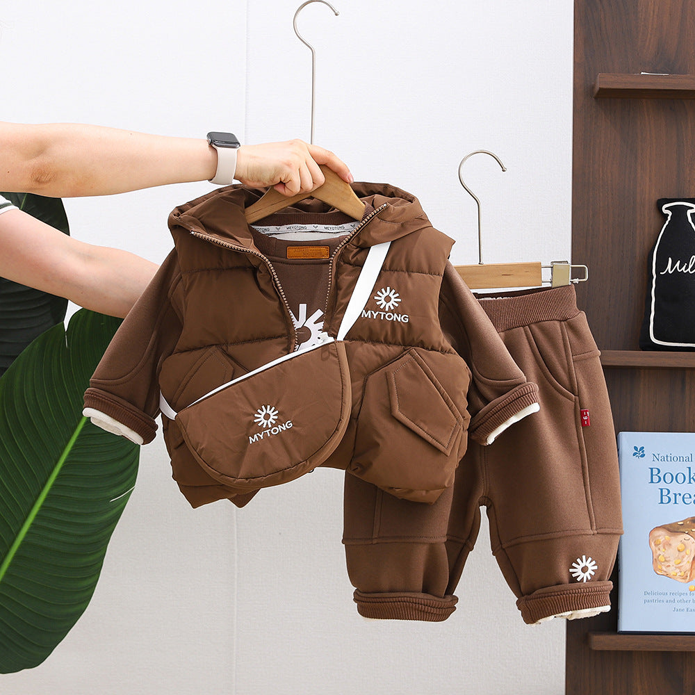 Thickened winter clothing baby warm hooded vest three piece set