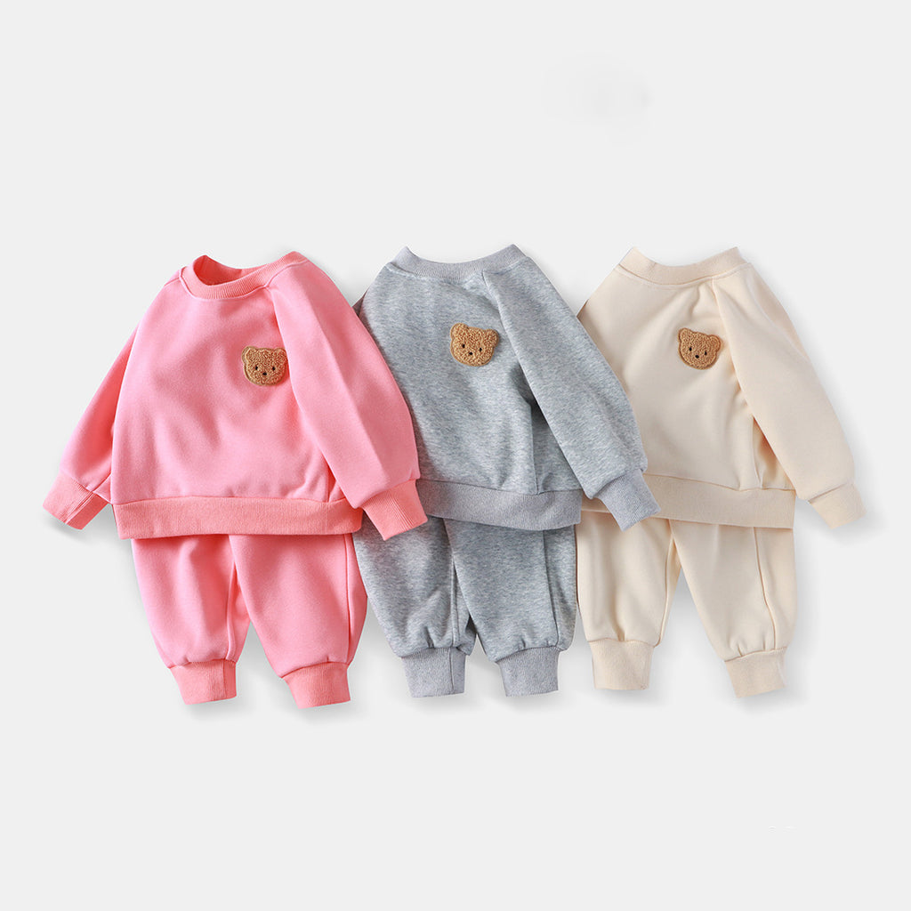 Children's Hoodie Set Autumn Winter Warm Fleece Two-Piece Outfit for Boys and Girls, Simple Comfortable Casual Sportswear