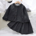Girls' Autumn/Winter Set  High-Quality Gray Ruffle Long Sleeve Jacket Pleated Skirt Two-Piece Outfit