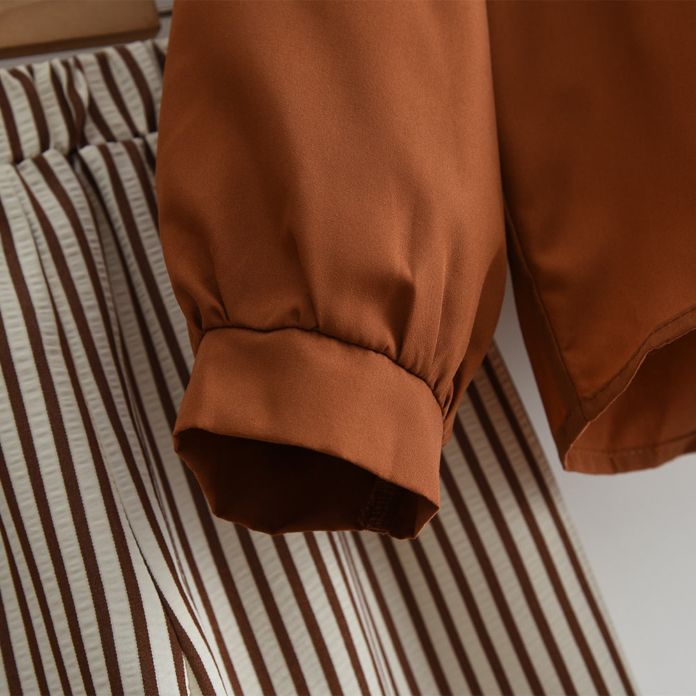 Fashionable Two-Piece Set for Girls: Long Sleeve Pullover Top with Striped Pants, Casual Children's Clothing