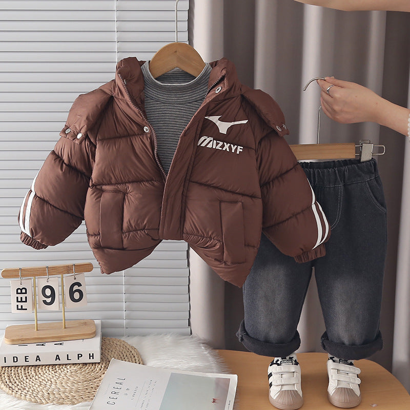 Boys Winter Hooded Thickened Cotton Padded Jacket 3-Piece Set