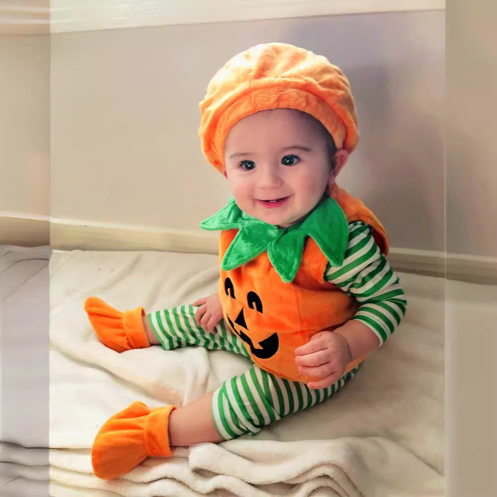 Cute Halloween Kids' Pumpkin Triangular Romper Set with Round Neck and Sleeveless DesignThree-Piece Outfit