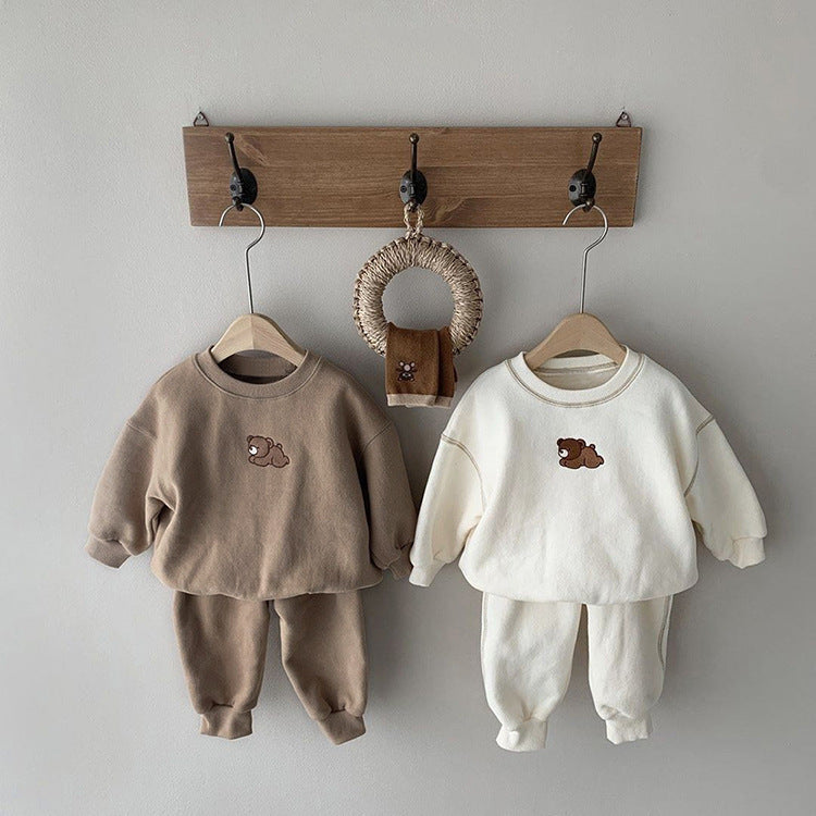 Children's Clothing Set for Boys and Girls, Embroidered Bear Casual Hoodie Set, Baby Sport Two-Piece Outfit