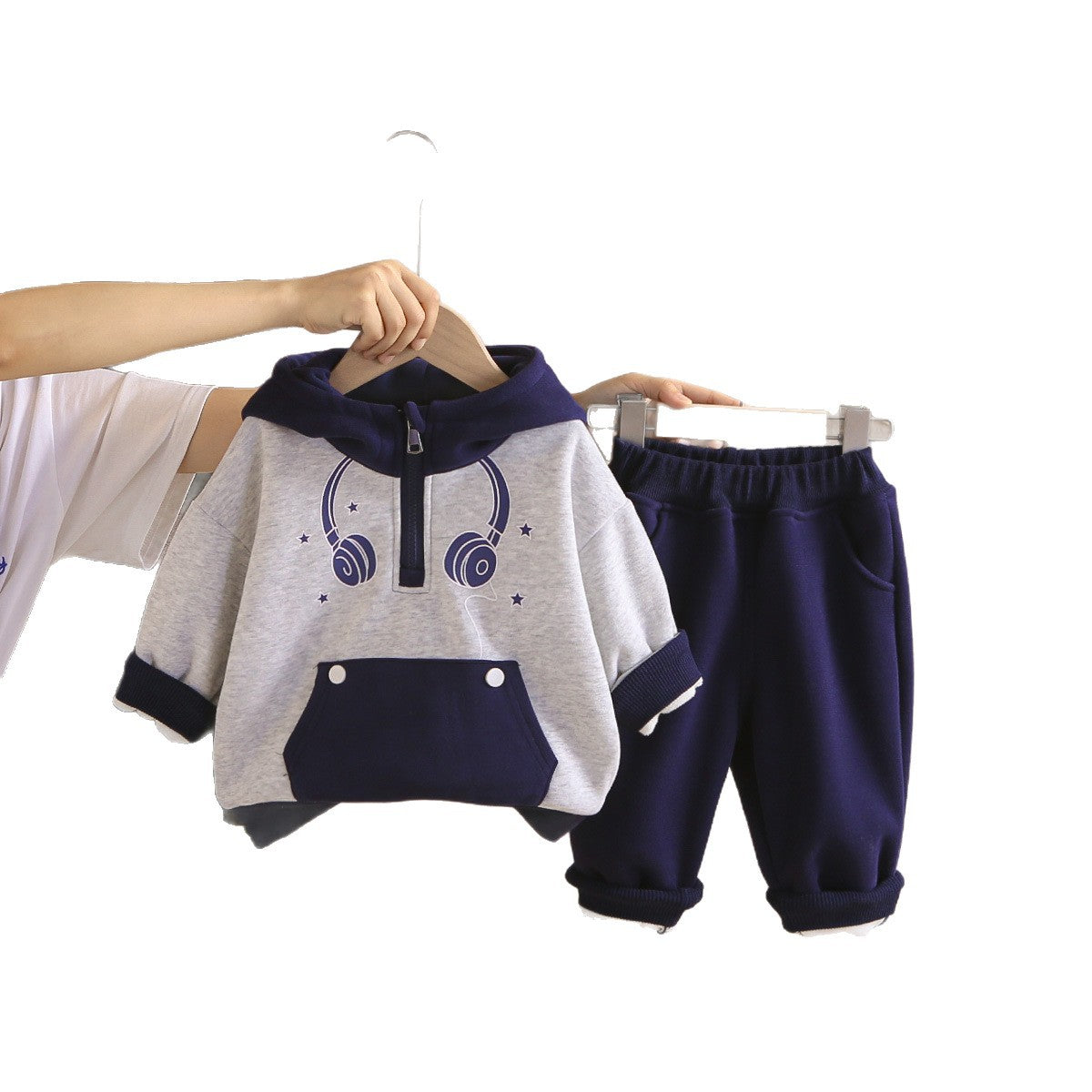 Boys Autumn Winter Fashionable Fleece Lined Sweatshirt Two-Piece Set