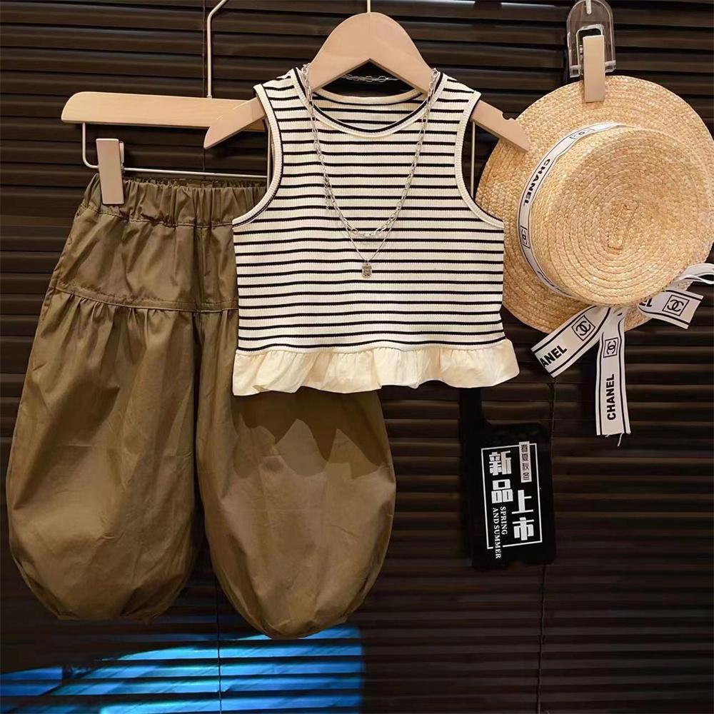 Casual Stripe Ruffle Sleeveless Top ampCargo Pants Set for Girls Summer Outfit Two-Piece Clothing