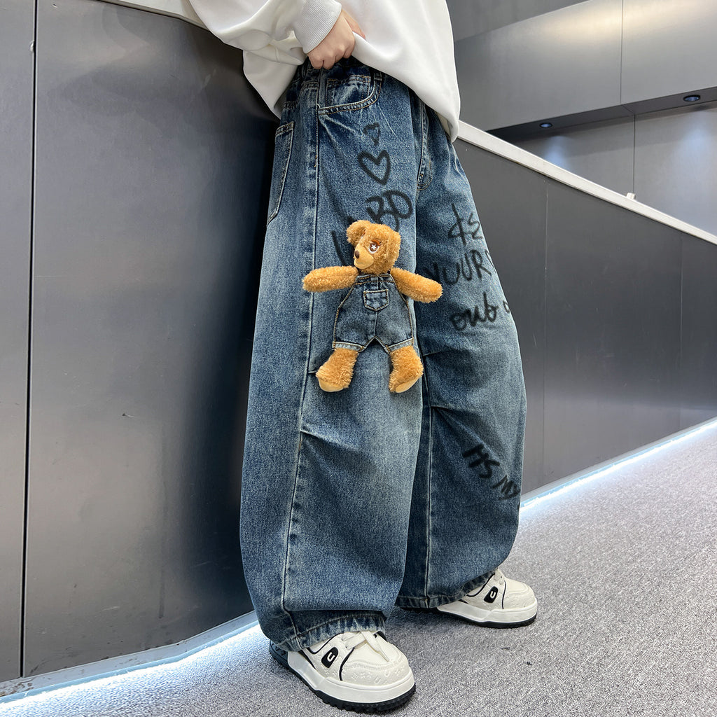 Boys Cartoon Graphic Denim Jeans Autumn Winter Loose Wide Leg Pants