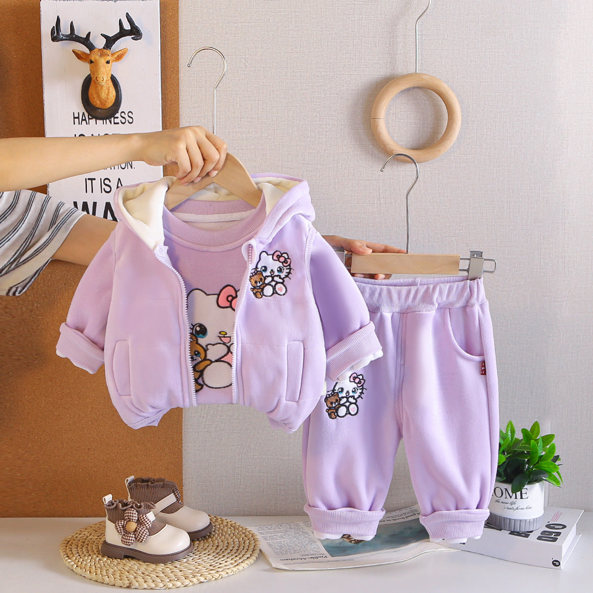 Girls Autumn Winter 3-Piece Set with Cat and Bear Print for Toddlers