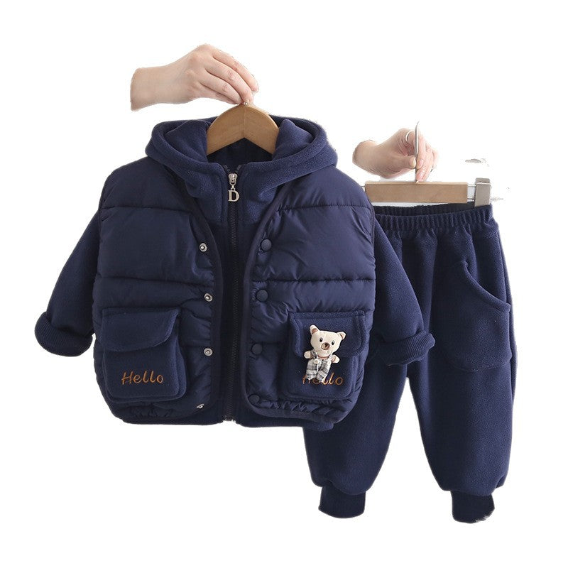Stylish Winter Thickened Pocket Cartoon Bear Vest Three-Piece Set for Boys