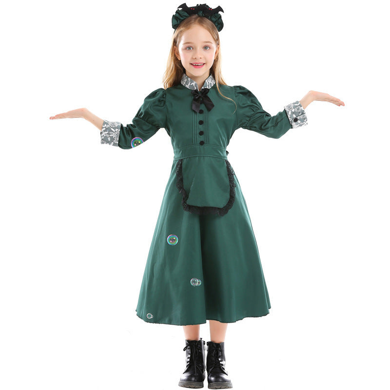 Halloween Kids Costume Cosplay Parent-Child Outfit Mysterious Castle Bat Servant Dark Green Lace Dress